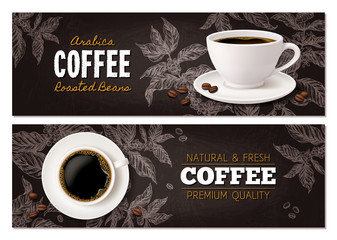 Coffee advertising concept with cup of beverage on blackboard with drawing of coffee tree branches. Vector design of horizontal banners with realistic mug and sketch hand drawn plant