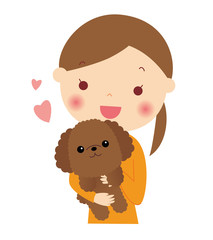 プードルを抱っこする女性　上半身　イラスト