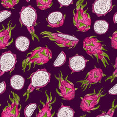 Cotton fabric Dragon fruit seamless pattern. Bright color vector background. Sketch doodle backdrop