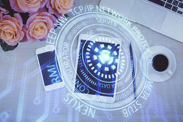 Multi exposure of technology theme drawing over work table desktop. Top view. Global data analysis concept.