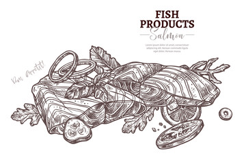 Salmon fresh fillet and finger food with lemon and greenery. Vector sketch hand drawn illustration