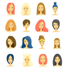 Beautiful faces of young girls, different hairstyles, haircuts, long, short hair, brunettes, brown-haired women, blondes and redheads. Avatars, icons isolated on a white background. Vector flat illust