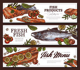 Set of color horizontal banners with red fish food and meat. Cooking of salmon. Hand drawn illustration for seafood menu and recipes. Vector sketch set