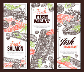 Set of vertical banners with red fish food and meat. Cooking of salmon. Hand drawn illustration for seafood menu and recipes. Vector sketch set