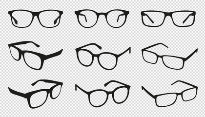 Glasses Icons - Different Angle View - Black Vector Illustration Set - Isolated On Transparent Background - obrazy, fototapety, plakaty