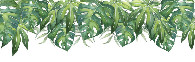 Long banner with watercolor hand drawn tropical leaves  © Daria Doroshchuk