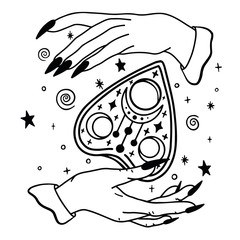 Vector black-and-white sketch of the witch's hand and the Ouija Board pointe