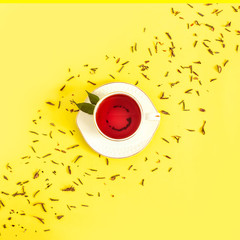 Ceramic cup of brewed tea, leaves and dried herbal scattered on white background. Concept of...