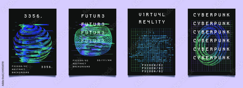 Aufkleber Set of vaporwave and synthwave style posters with binary code and 3d figures. Collection of futuristic cyberpunk covers for music, hackathon or science event.