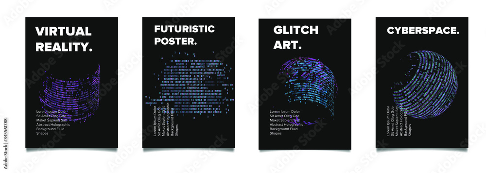 Poster Set of vaporwave and synthwave style posters with binary code and 3d figures. Collection of futuristic cyberpunk covers for music, hackathon or science event.