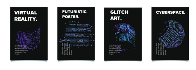 Set of vaporwave and synthwave style posters with binary code and 3d figures. Collection of futuristic cyberpunk covers for music, hackathon or science event.