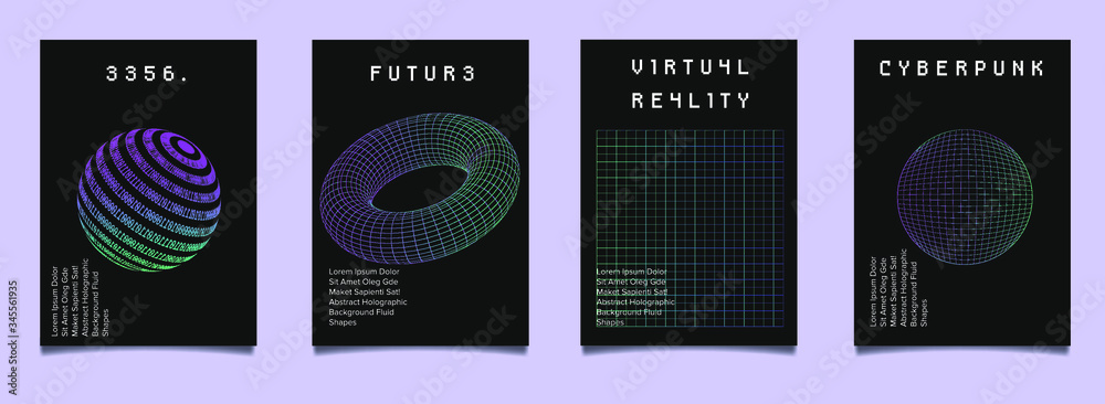 Poster Set of vaporwave and synthwave style posters with binary code and 3d figures. Collection of futuristic cyberpunk covers for music, hackathon or science event.