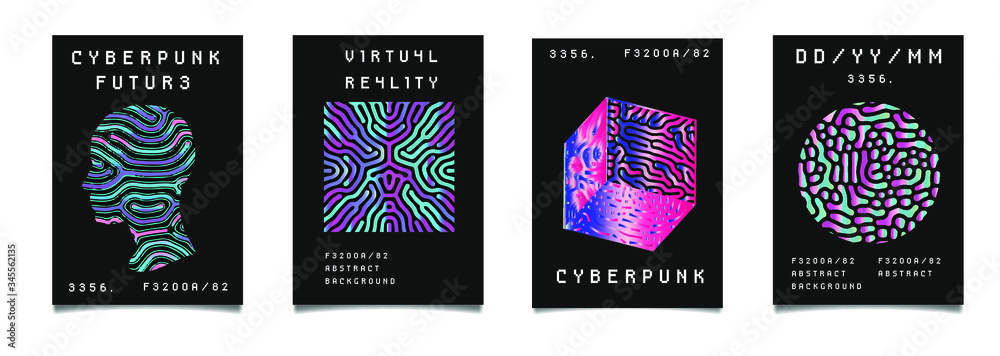 Aufkleber Set of synthwave style posters with geometric surreal elements. Collection of futuristic cyberpunk covers for Information technology, biology and science events.