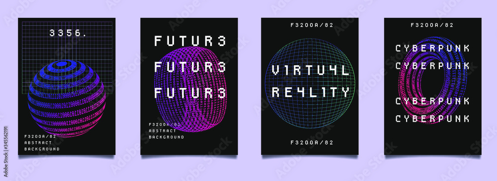 Aufkleber Set of vaporwave and synthwave style posters with binary code and 3d figures. Collection of futuristic cyberpunk covers for music, hackathon or science event.