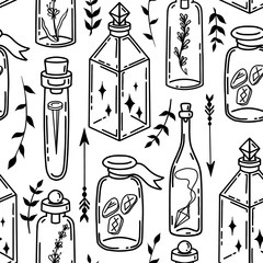 Seamless pattern of magic components with different potion ingredients in different glass bottles and jars