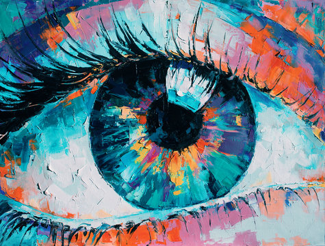 “Fluorite” - oil painting. Conceptual abstract picture of the eye. Oil painting in colorful colors. Conceptual abstract closeup of an oil painting and palette knife on canvas.