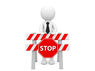 3d character with a construction barrier and a stop sign on a white background. 3d render illustration.