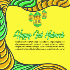 Happy Eid Mubarak with hand drawings and Islamic background ornaments