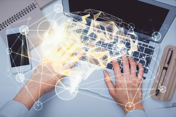 Double exposure of woman working on computer andhuman brain hologram drawing. Top View. Ai concept.