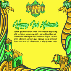Happy Eid Mubarak with hand drawings and Islamic background ornaments