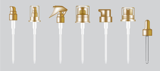 3D Mock up Realistic Gold Lid Pump, dropper and Spray Cap For Cosmetic Beauty Bottle isolated Background Illustration.