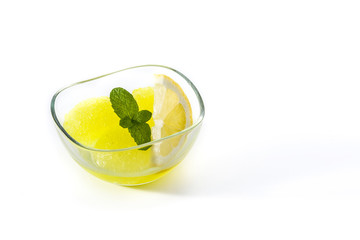 Lemon sorbet in glasses isolated on white background. Copy space