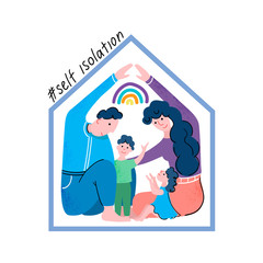 A family in self-isolation during a pandemic. A mother, father and two children fit into the silhouette of the house. Vector illustration in flat style.