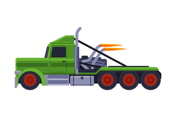 Green Racing Truck, Fast Heavy Sport Vehicle Freight Machine Flat Vector Illustration