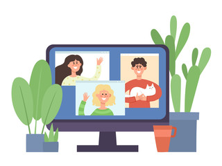 Monitor with young people communicating in video conference.