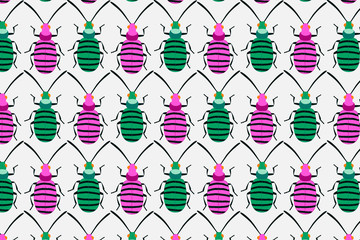 Pink green bug pattern on white. Insects background