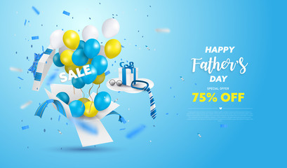 Happy Father's Day Sale banner or Promotion on blue background. Surprise box open with yellow, white and blue ballon. Vector illustration.