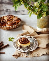 Obraz na płótnie Canvas Cinnamon buns in a plate on a gray background, still life