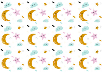 Vector  pattern with cute star, moon, clouds. Night nursery background. For children, clothes, fabrics, textiles, wrapping paper, wallpaper, scrapbooking, etc.