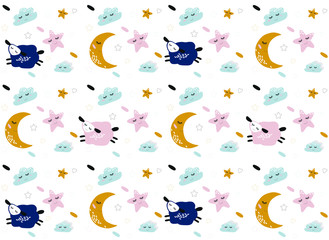 Vector  pattern with cute sheep moon clouds. Night nursery background. For children, clothes, fabrics, textiles, wrapping paper, wallpaper, scrapbooking, etc.