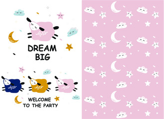 Vector pattern with cute sheep moon clouds. Night nursery background. For children, clothes, fabrics, textiles, wrapping paper, wallpaper, scrapbooking, etc.