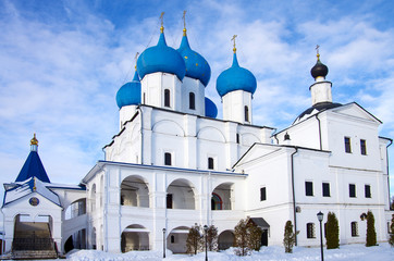 Fototapeta na wymiar SERPUKHOV, RUSSIA - February, 2019: Vysotsky Monastery is a walled Russian Orthodox monastery