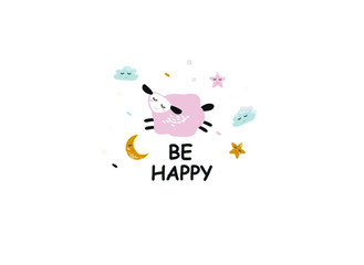 cute sheep, moon clouds. be happy. vector flat baby illustration