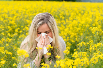 Fototapeta premium Young woman suffers from allergy in a rape field and has to sneeze