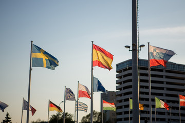 European countries flags with city background