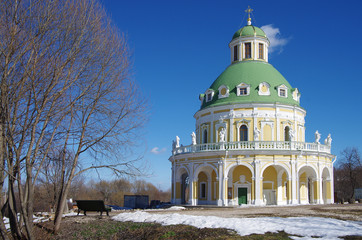 Fototapeta na wymiar MOSCOW REGION, VILLAGE PODMOKLOVO, RUSSIA - March, 2019: Church of the Nativity of the Virgin is a bright example of Italian Baroque