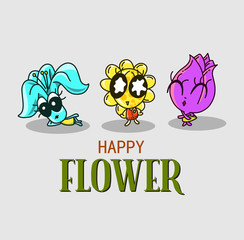 Cartoon cute flower characters vector illustrations with emotions