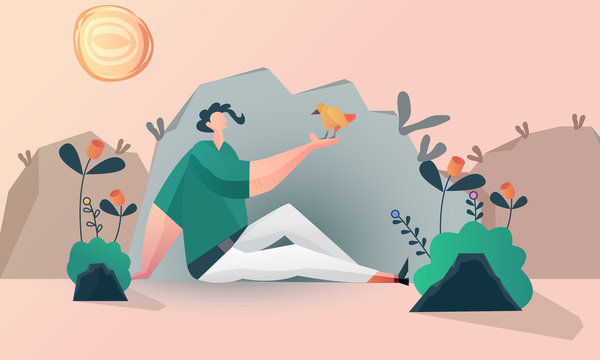 Illustration of a man sitting leaning against and holding a bird in a garden. Calm yourself with nature. Mental meditation and relaxation. Amazing modern flat doodle vector. background.