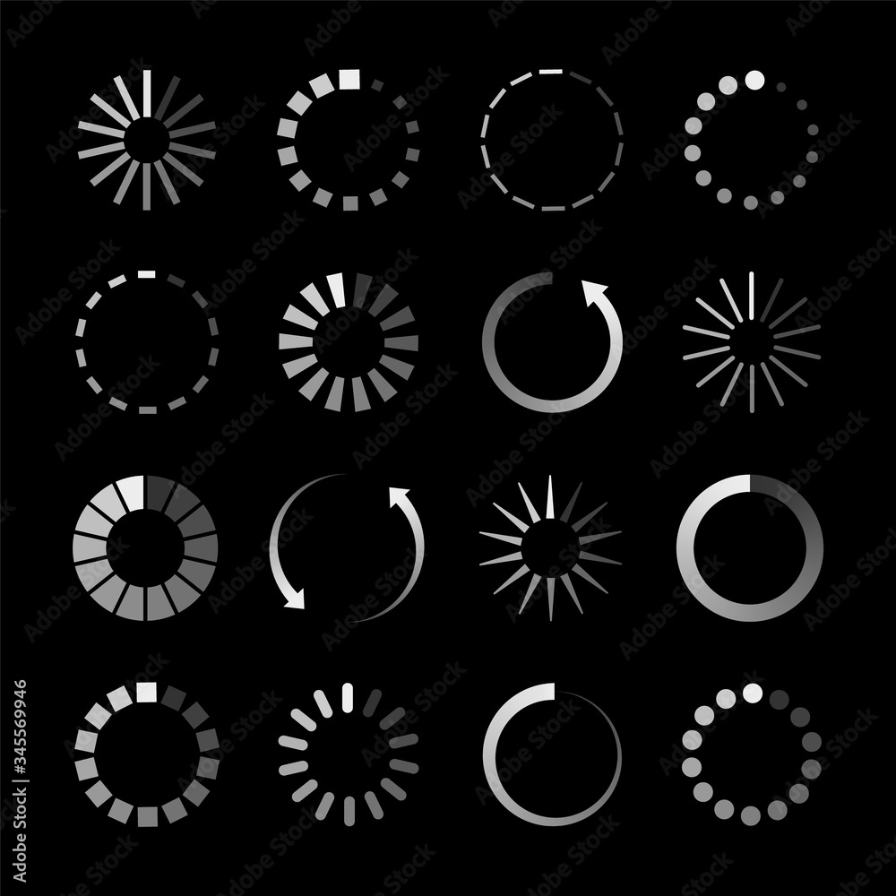 Poster icons of loader. bar with circles for buffering of load. symbols of progress loading. menu interface