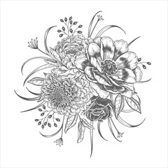 Beautiful garden flowers. Black bouquet on white background. Vintage