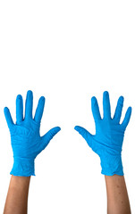 Human rising hands wearing blue disposable latex glove, rubber glove for professional medical safety and hygiene protection from Coronavirus disease COVID-19 and medical surgery white clipping path