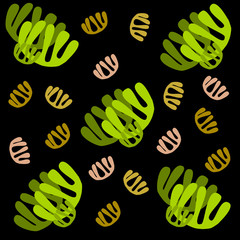 pattern with green and black silhouettes of
abstract corals and algae in the sea