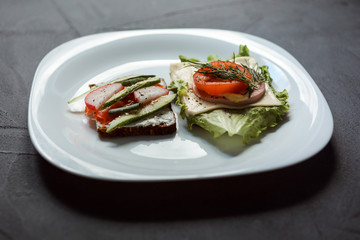 Two tasty sandwiches on the white plate. Textured background.