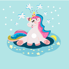 cute unicorn vector with mane and horn on starry background.child illustration