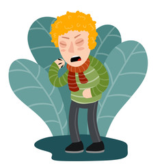 Boy coughs. Red kid is Sick. Children drawing. Virus and cold. Man in green sweater and scarf. Medical care and illness. Unhealthy guy covers mouth. Flat cartoon