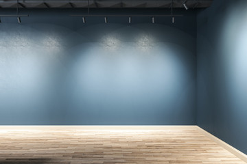 Gallery interior with copy space on blue wall.